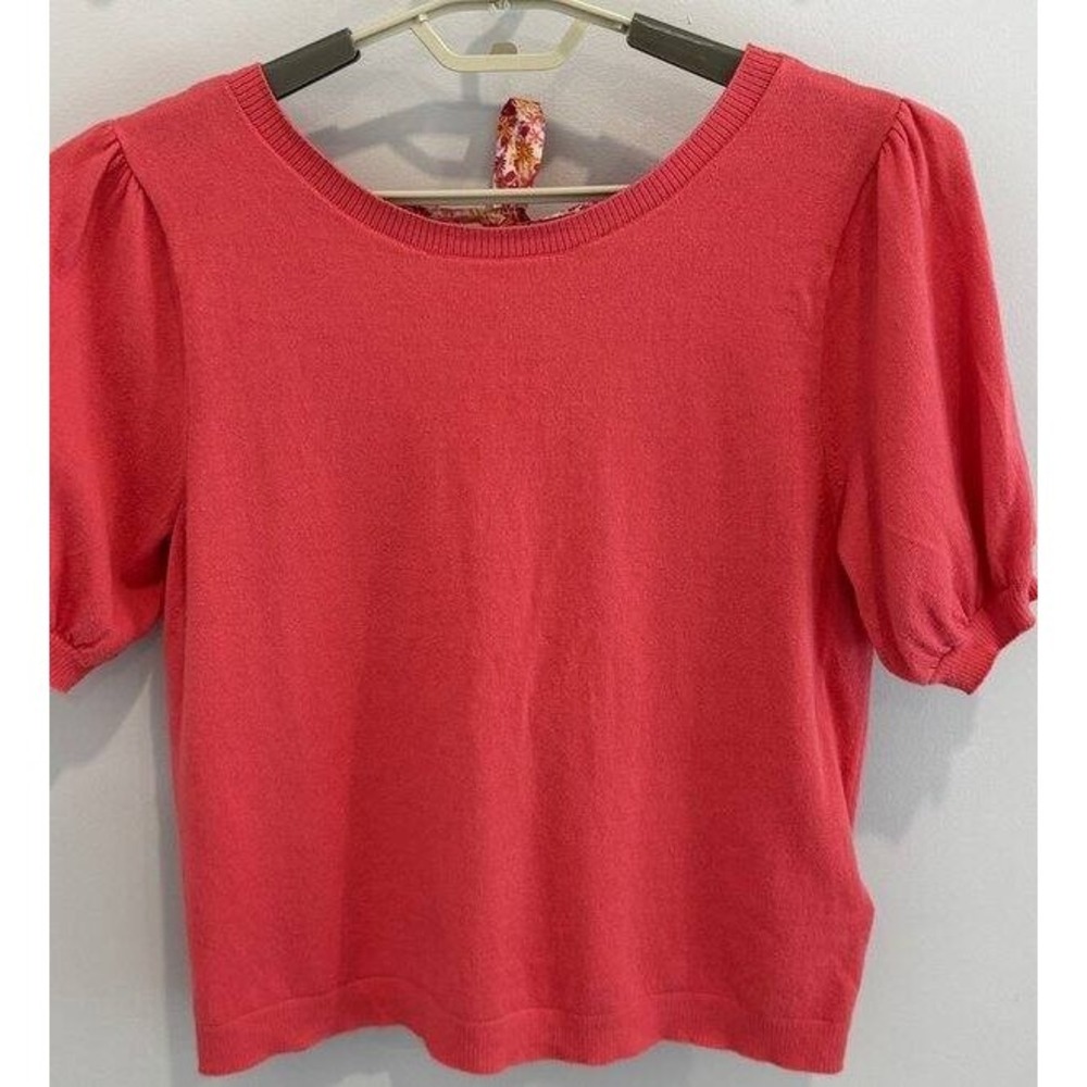 J Crew Womens Coral Pink Short Puff Sleeve Cotton Sweater Floral Back Neck Tie M